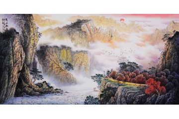 张月岗国画太行山山水画系列作品《秋江帆影》》