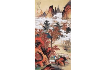 张月岗国画仿古山水画系列作品《轻红淡黄秋林间》