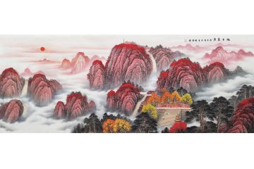 五岳独尊大靠山 李国胜国画泰山《旭日东升》