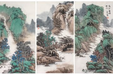 百佳艺术家中美协会员吴贞光山水画通景屏《清江一曲抱村流》