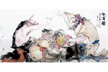 柳子峻四尺横幅写意人物画作品《斗酒图》