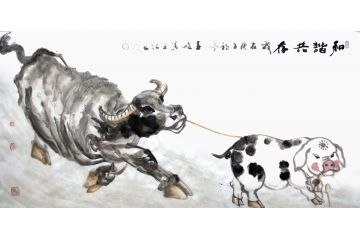 柳子峻四尺横幅写意动物画作品《和谐共存》
