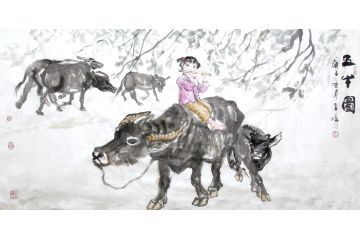 柳子峻四尺横幅写意人物画作品《五牛图》