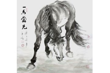柳子峻斗方写意动物画作品《一马当先》