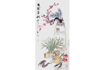 柳子峻三尺竖幅写意花鸟画《岁朝清供》