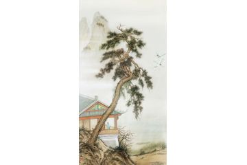 风景装饰画 寒江四尺竖幅工笔山水画《望鹤图》