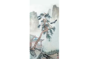 国画精品 寒江工笔山水画《望鹰图》