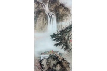 风景装饰画 寒江工笔山水画《云台观瀑》