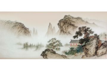 国画精品 寒江工笔山水画《望云楼》   