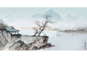 风景装饰画 寒江工笔山水画《秋江帆影》