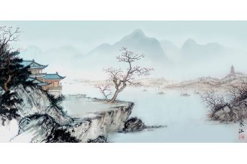 家居装饰画 寒江工笔山水画《秋江帆影》