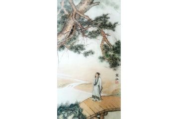 国画精品 寒江工笔山水画《松下高士图》