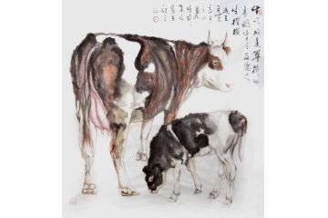 家居装饰画 柳子峻写意动物画画《牛吃的是草挤的是奶》