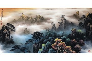 实力派画家龙宽彩墨山水画《黄山奇峰穿云霄》