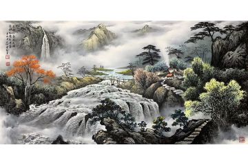 龙宽彩墨山水画精品《草树知春不久归 百般红紫斗芳菲》