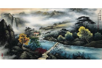 实力派画家龙宽彩墨山水画《太行山居图》