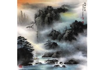 实力派画家龙宽彩墨山水画《江畔春意》