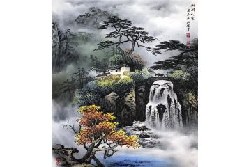 实力派画家龙宽彩墨山水画《山间人家》