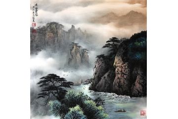 实力派画家龙宽彩墨山水画《峡谷云游》