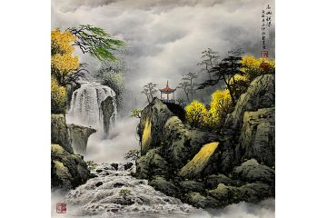 实力派画家龙宽彩墨山水画《高山观瀑》