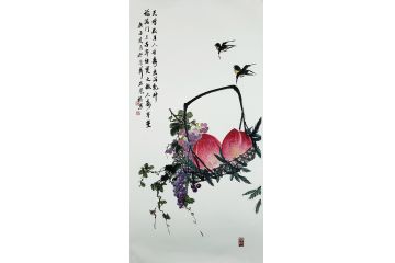 石荣禄新品国画寿桃图《天增岁月人增寿，春满乾坤福满门》