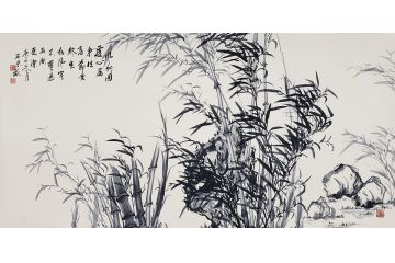 竹报平安 石荣禄竹子写意花鸟画《风竹图》