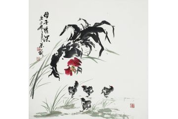 石荣禄写意花鸟画国画公鸡《母子情深》