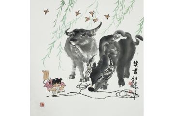 国画牛 石荣禄写意动物画《读书》