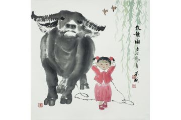 国礼特供艺术家石荣禄国画牛《牧趣图》