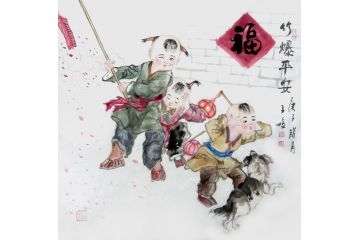 柳子峻新品斗方人物画作品《竹爆平安》