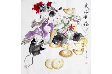 柳子峻新品创作斗方人物画《鼠你有钱》