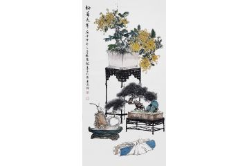 苏慧龙四尺竖幅工笔花鸟画《松菊长年》