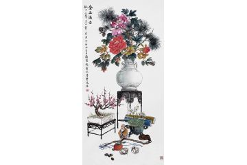 苏慧龙四尺竖幅工笔花鸟画《金玉满堂》