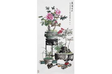 苏慧龙四尺竖幅工笔花鸟画《岁朝清供》