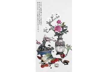 苏慧龙四尺竖幅工笔花鸟画《清供图》