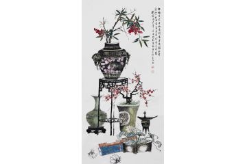 苏慧龙四尺竖幅工笔花鸟画《清供图》