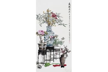 苏慧龙四尺竖幅工笔花鸟画《岁朝清供》