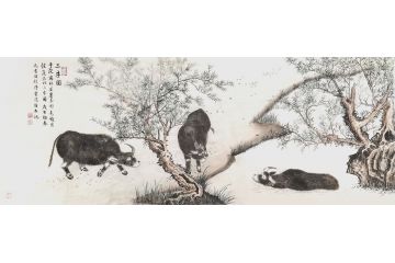 苏慧龙国画动物画牛《三牛图》