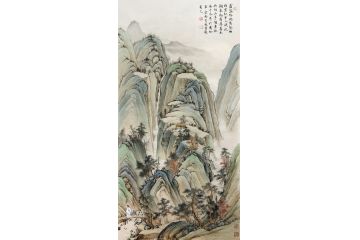 苏慧龙四尺竖幅仿古山水画《霜落林端万壑幽,白云红叶入溪流》
