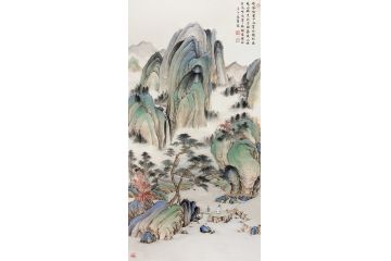 苏慧龙四尺竖幅仿古山水画《丹凤衔书下九霄》