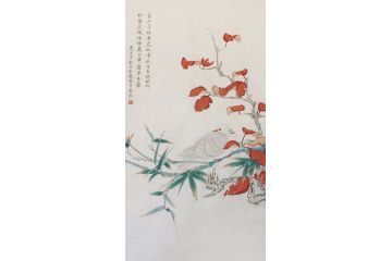 卧室装饰画 范九龙工笔花鸟画《秋禽无语对西风》