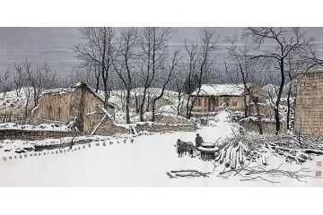 童谆辉四尺横幅山水画《雪里己知春信至》
