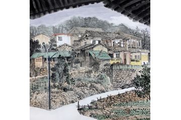 美协童谆辉斗方山水画《乡村写生小景》