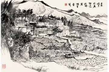 魏金岭创作水墨山水画写生《广西三江程阳寨》