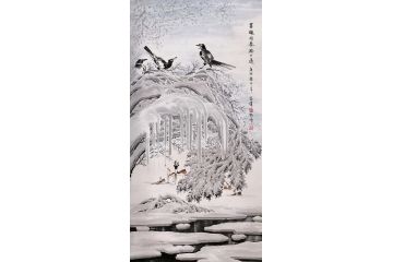 高伟新品四尺竖幅冰雪山水画《喜禄同春路之通》