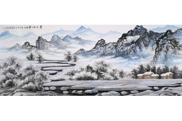 高伟新品创作国画冰雪山水画《碧水晴天雪映天》