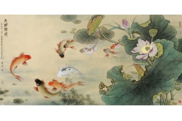 当代实力派画家蓝健康工笔花鸟画作品《九鲤戏荷》