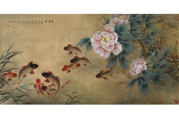 当代实力派画家蓝健康工笔花鸟画作品《富贵图》