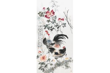 河南美协会员曹金华写意花鸟画《雄鸡牡丹》
