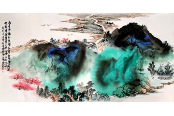瞿塘山水画《雨香云嫩散朝晖，细草初肥绿满溪》